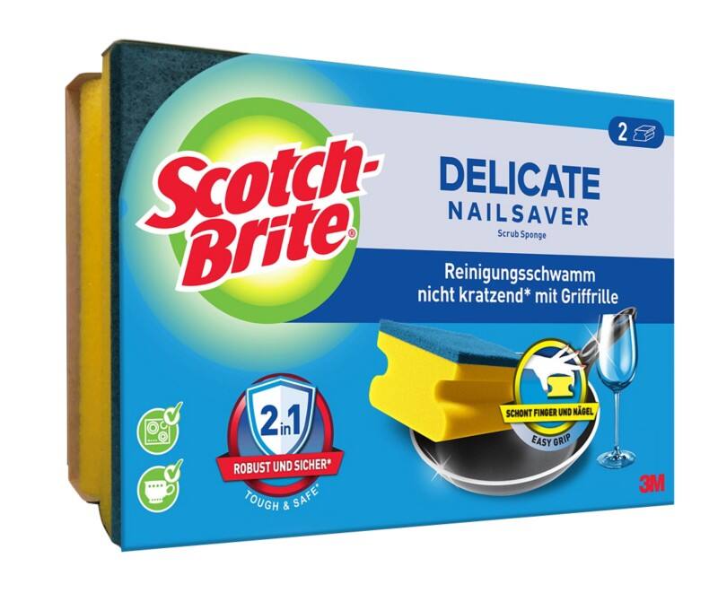 Scotch-Brite Delicate Reinigungsschwamm mit Griffrille 13,4 x 4,6 x 8,9 cm Blau, Gelb 2er-Pack