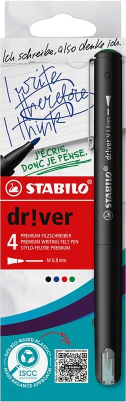 STABILO dr!ver Faserschreiber 0,8 mm Filzspitze Mehrfarbig EO1089/4-01 4 Stück