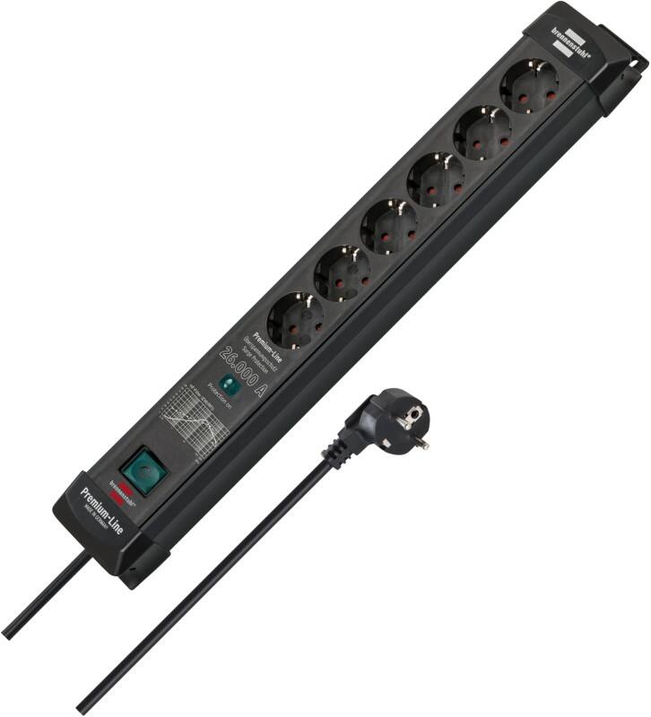 brennenstuhl Premium-Line Steckdosenleiste 6-fach mit Überspannungsschutz bis 26.000 A, 1,8 m Schwarz 1951160400