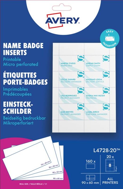 Avery Zweckform L4728-20, Einsteckschilder, 60 x 90 mm, Weiß
