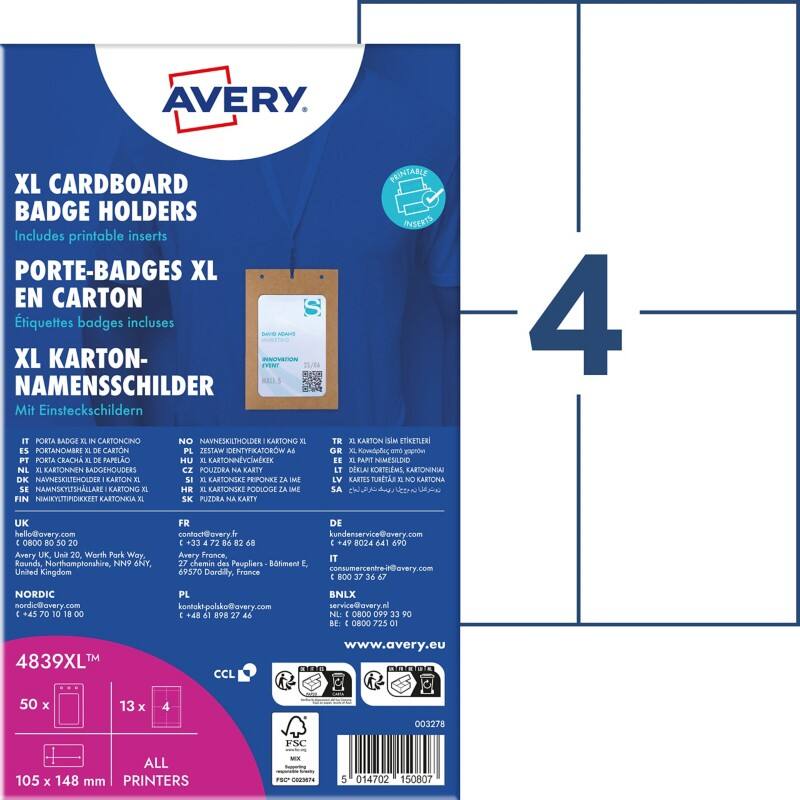 Avery Zweckform 4839XL, Namensschilder-Taschen groß mit Lanyard, 105 x 148 mm, Weiß