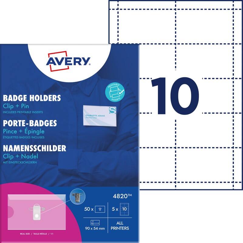 Avery Zweckform 4820, Namensschilder mit Kombiklemme, 90 x 54 mm, Transparent, Weiß