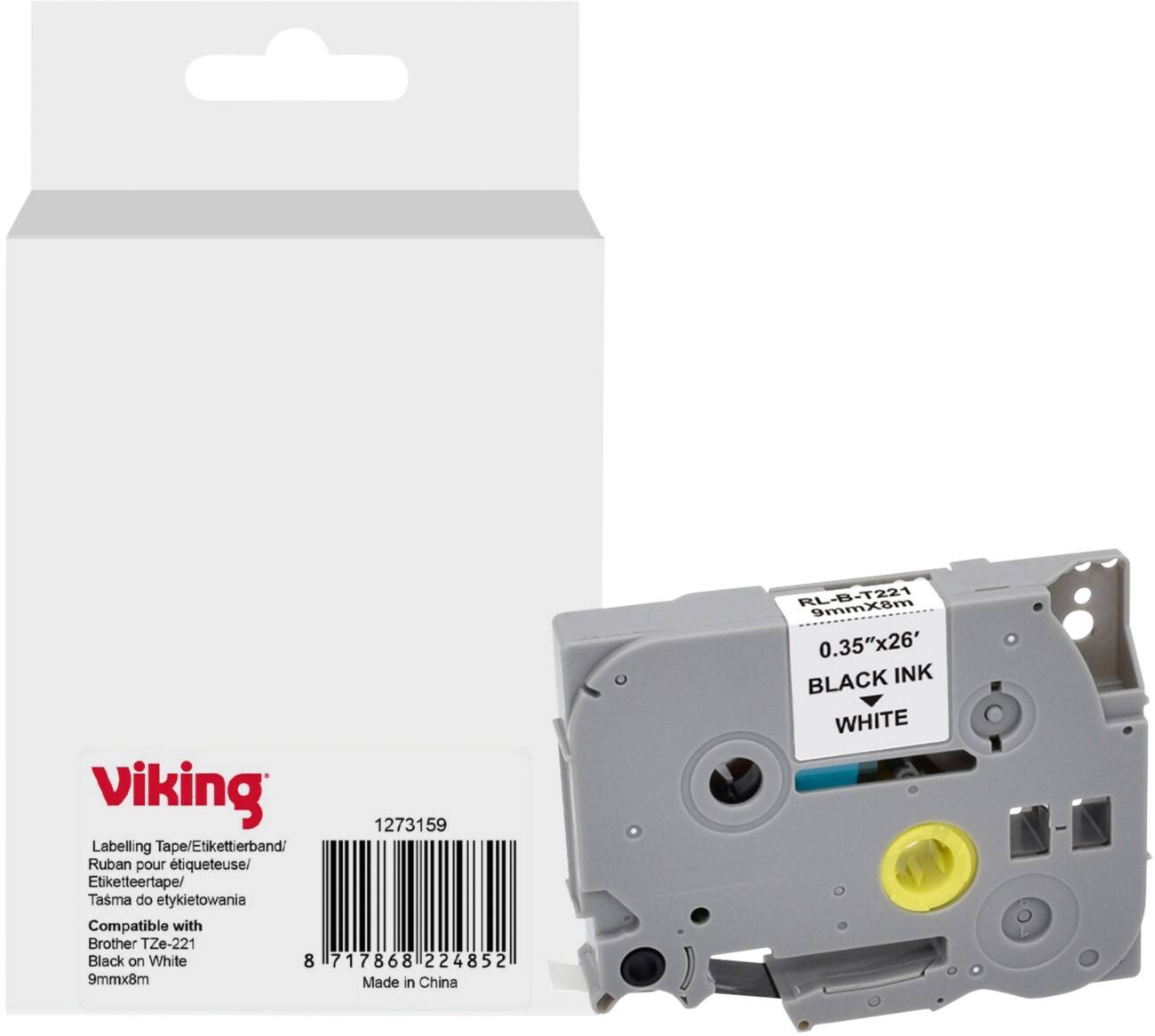 Viking Beschriftungsband Kompatibel mit Brother TZe-221 WB-BRRLT221-WT Zum Ankleben Schwarz auf Weiß 9 x 93 mm Thermodruck