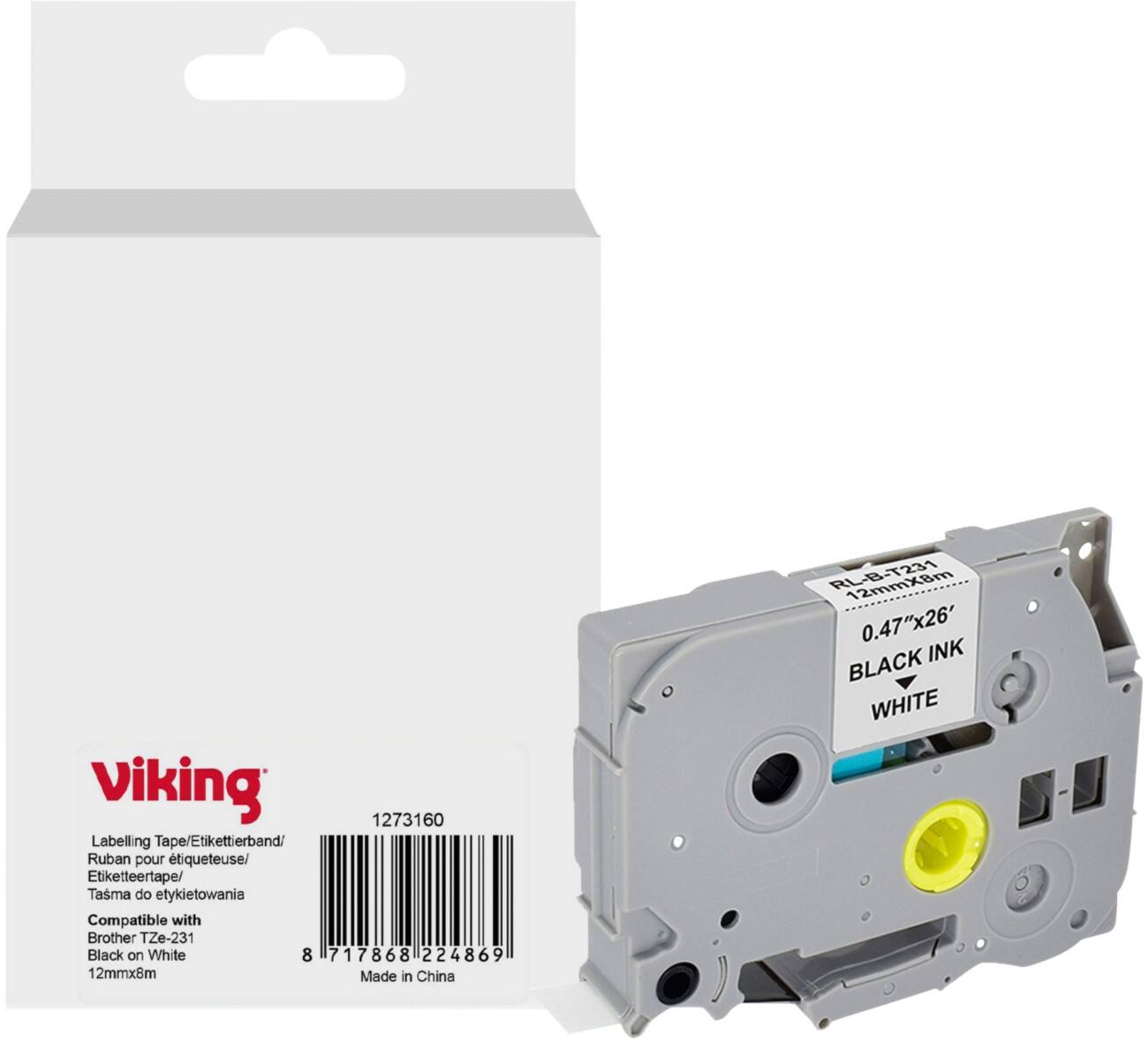 Viking Beschriftungsband Kompatibel mit Brother TZe-231 WB-BRRLT231-WT Zum Ankleben Schwarz auf Weiß 12 x 93 mm Thermodruck