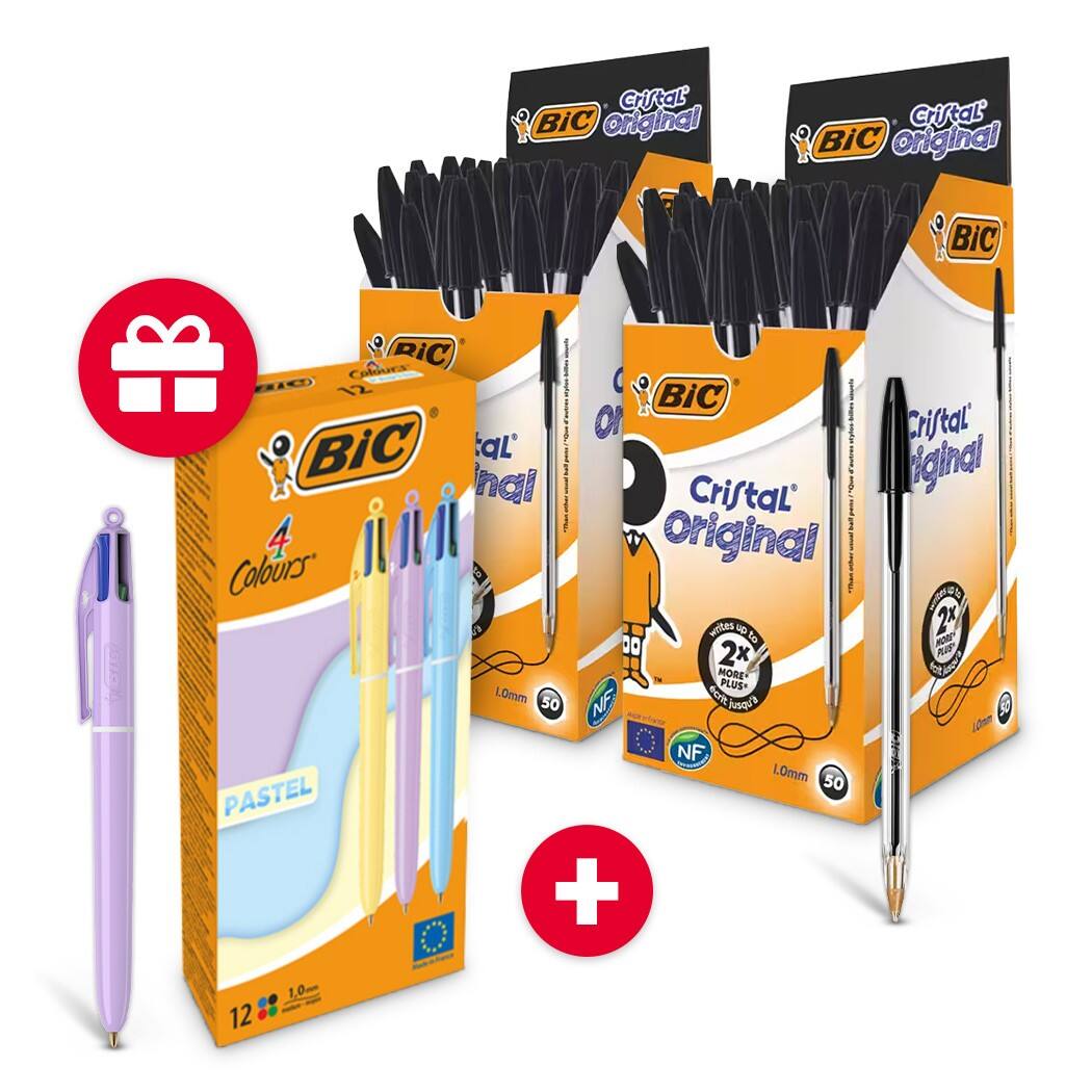 BIC Cristal Original Kugelschreiber Schwarz 2 x 50er-Pack + GRATIS BIC 4 Colours Kugelschreiber Mehrfarbig 12 Stück