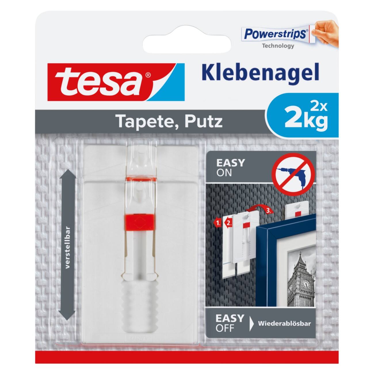 tesa Verstellbarer Klebenägel für Tapeten und Putz 2 kg 2 Stück