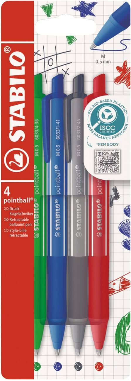 STABILO pointball colorful 6033/4 Druckkugelschreiber Farbig sortiert Mittlere Spitze Nachfüllbar 4 Stück