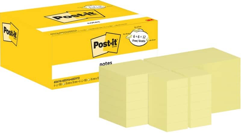 Post-it Haftnotizen Kanariengelb Verschiedene Größen (6 x 76 x 76mm, 6 x 76 x 127mm, 12 x 38 x 51mm) Packung mit 24 Blöcken à 100 Blatt Vorteilspackung 12 +12 (38 x 51mm) GRATIS