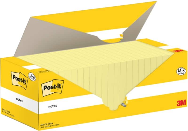 Post-it Haftnotizen 127 x 76 mm Kanariengelb Packung mit 24 Blöcken à 100 Blatt Value Pack 18+6 GRATIS