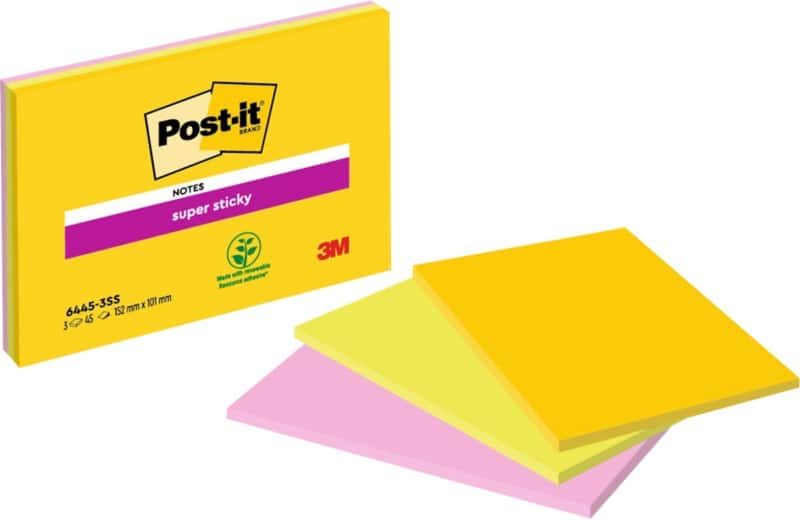 Post-it Super Sticky Haftnotizen 152 x 101 mm Färbig sortiert Packung mit 3 Blöcken à 45 Blatt