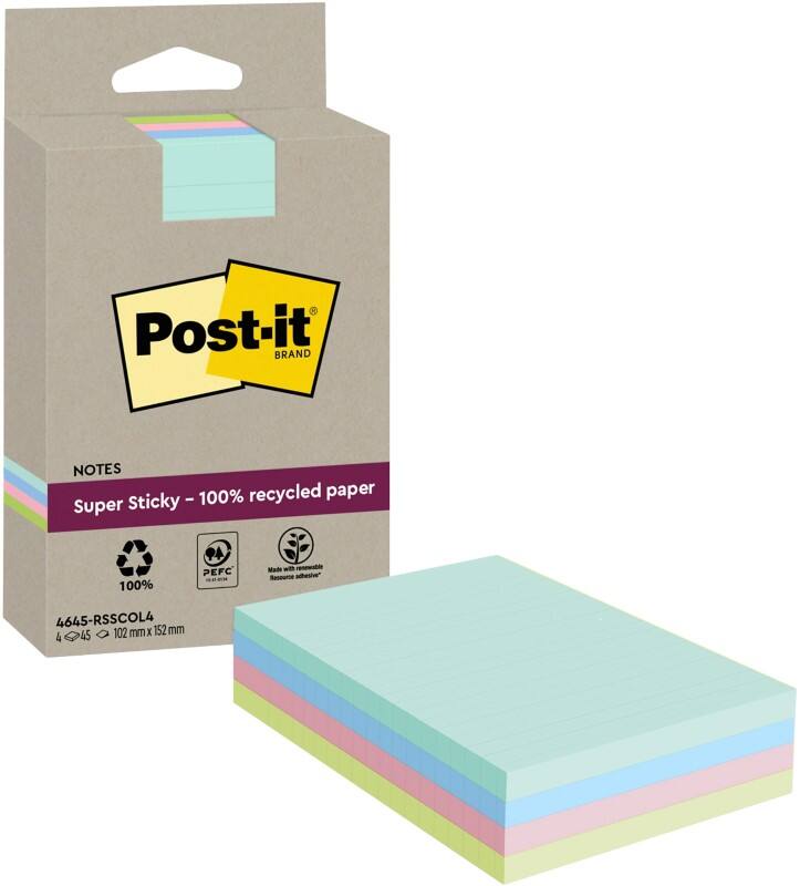 Post-it Super Sticky Haftnotizen Farbig Sortiert 102 x 152 mm Packung mit 4 Blöcken à 45 Blatt