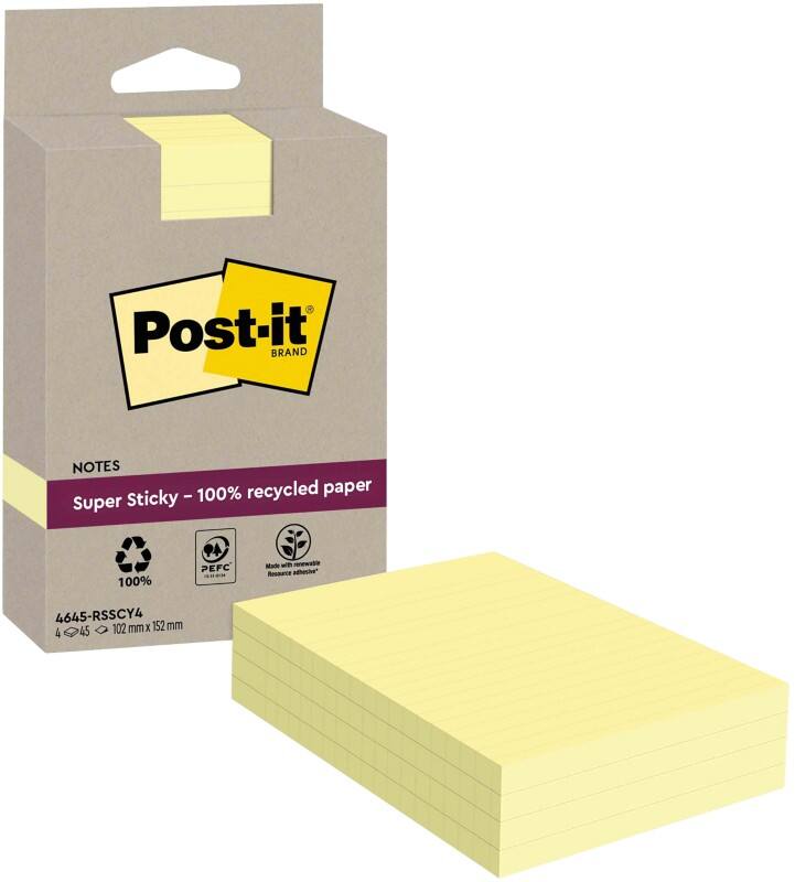 Post-it Super Sticky Recycelte Haftnotizen Kanariengelb Liniert 102 x 152 mm Packung mit 4 Blöcken à 45 Blatt