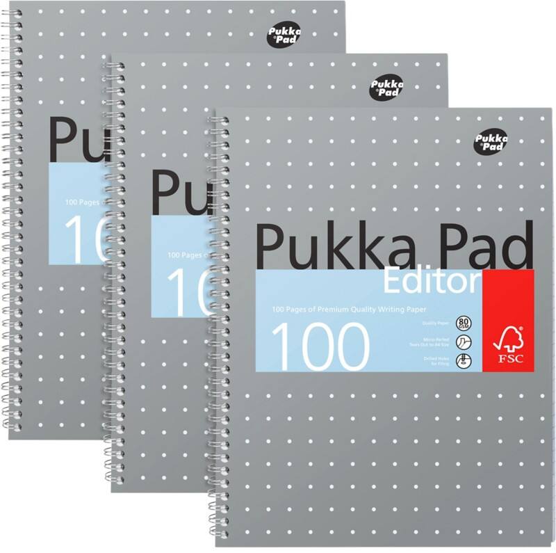 Pukka Metallics Notizbuch DIN A4 Liniert Doppeldraht Seitlich gebunden Karton Hardback Grau Gelocht  100 Seiten 3 Stück à 100 Blatt