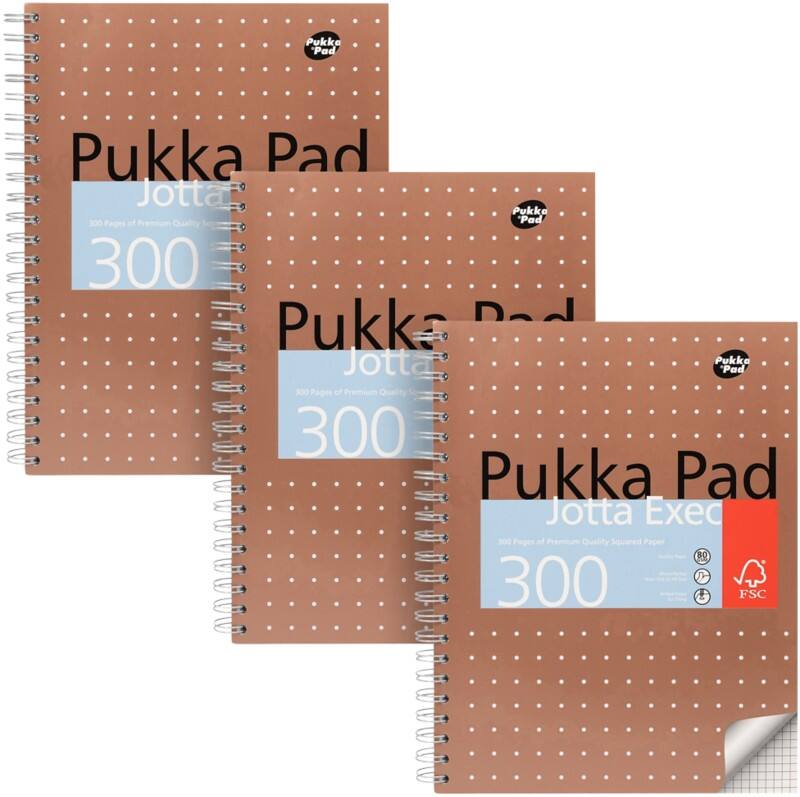 Pukka Metallics Notizbuch DIN A4 Kariert Doppeldraht Seitlich gebunden Karton Hardback Bronze Gelocht  300 Seiten 3 Stück à 300 Blatt
