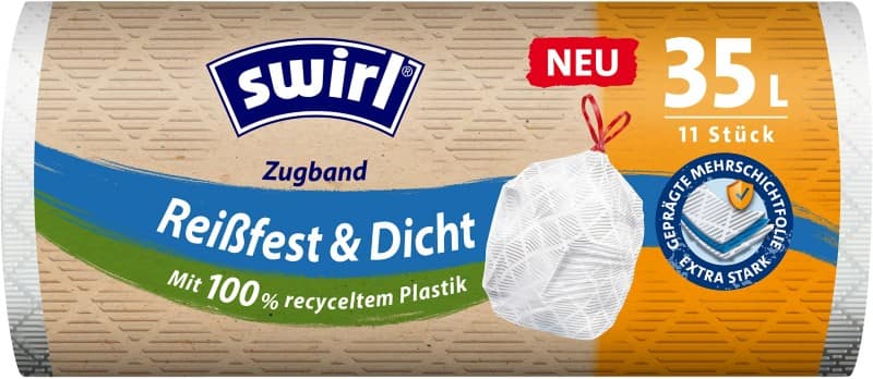Swirl Reißfest & Dicht Abfallsäcke 35 L Zugband Transparent Kunststoff 11 Stück