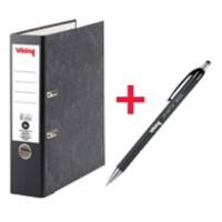 Viking Breit Ordner DIN A4 80 mm Schwarz 2 Ringe Pappkarton Wolkenmarmor Hochformat + Viking Kugelschreiber