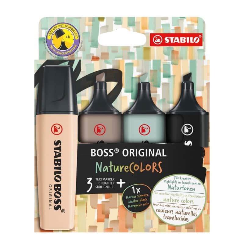 STABILO BOSS ORIGINAL Textmarker Schwarz, Erdgrün, Beige, Warmgrau Breite Keilspitze 4 Stück