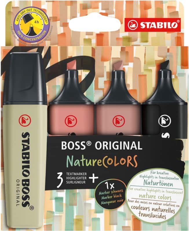 STABILO BOSS ORIGINAL Marker Schwarz, Schlammgrün, Umbra, Siena Breite Keilspitze 4 Stück