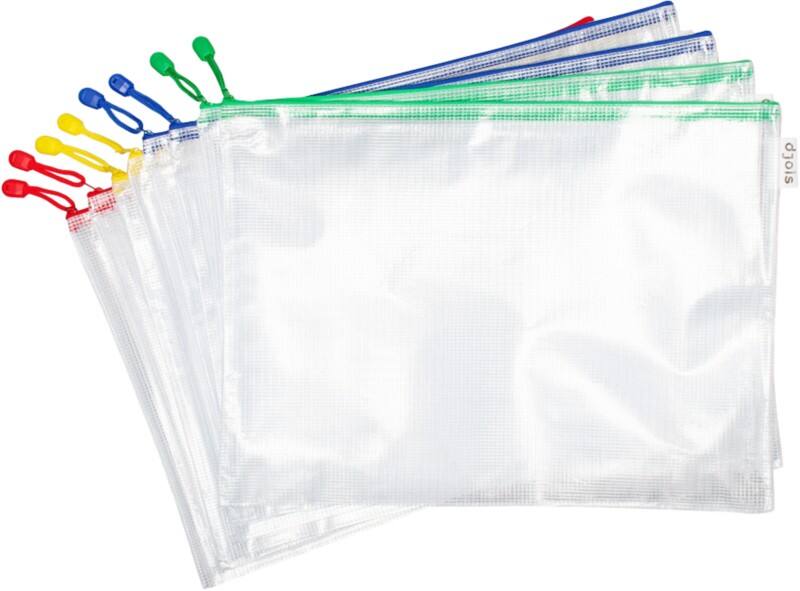Djois Aufbewahrungstaschen DIN A3 Reißverschluss PVC (Polyvinylchlorid) Querformat 33 (B) x 46 (T) x 2,5 (H) cm Farbig Sortiert 8 Stück