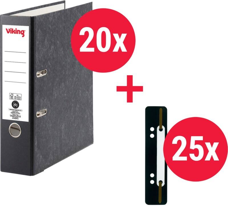 Viking Breit Ordner + Heftstreifen A4 80 mm Schwarz 2 Ringe Kunststoff Wolkenmarmor Hochformat  20 Stück