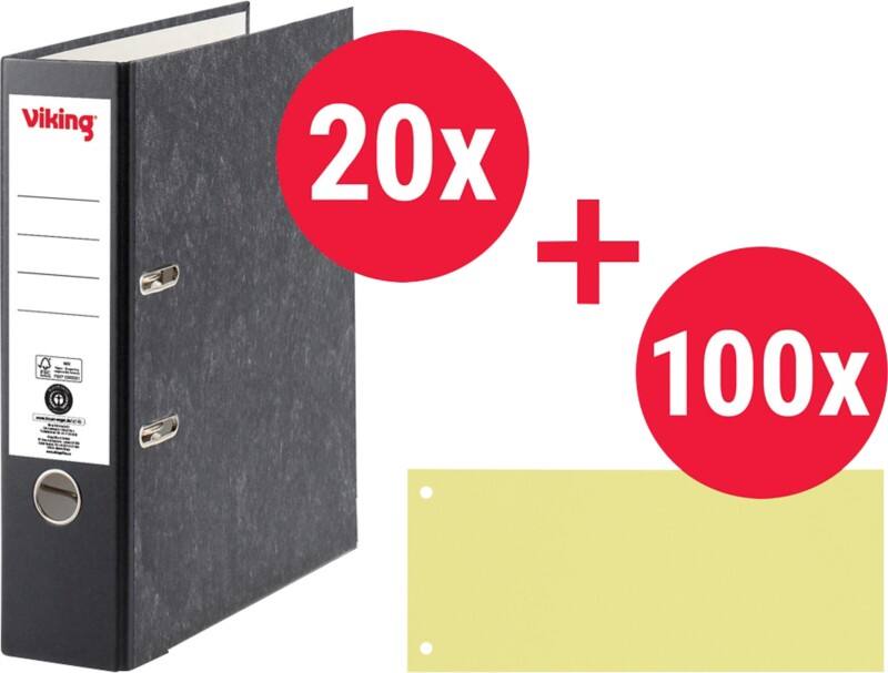 Viking Ordner + Trennstreifen Breit A4 80 mm Schwarz, Gelb 2 Ringe Pappkarton Wolkenmarmor Hochformat 20 Stück