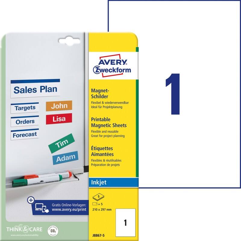 AVERY Zweckform J8867-5 Magnetschilder A4 Weiß 210 x 297 mm 5 Blatt à 1 Etiketten