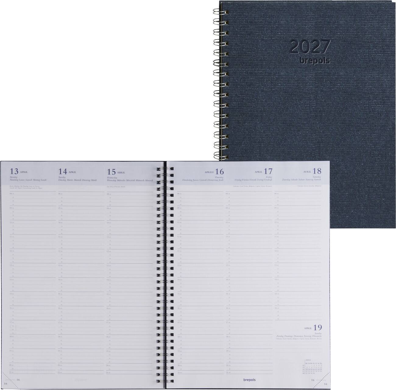 Brepols Terminplaner 2027 DIN A4 1 Woche / 2 Seiten Deutsch, Englisch, Französisch, Italienisch, Niederländisch, Spanisch Blau