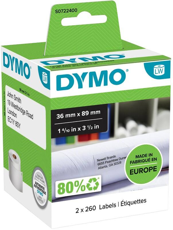 Dymo LW S0722400 / 99012 Authentic Große Adressetiketten Selbstklebend Weiß 36 x 89 mm 2 Rollen à 260 Etiketten