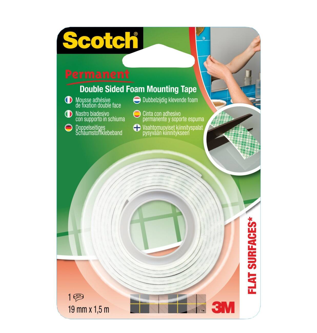 Scotch Permanentes Doppelseitiges Schaummontageband 19 mm x 1,5 m Weiß