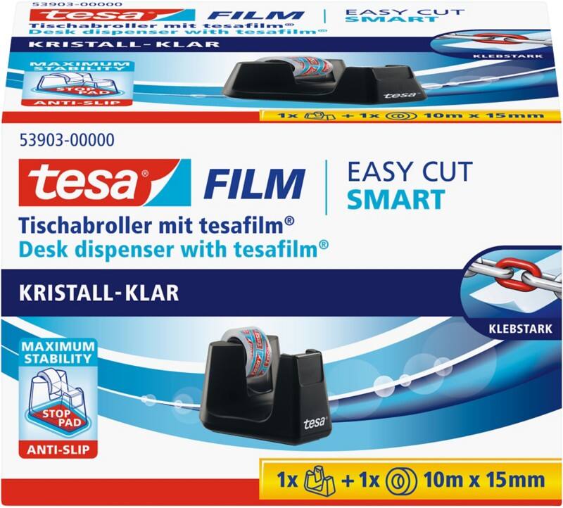 tesa Klebebandabroller tesafilm Easy Cut SMART Schwarz 15 mm (B) x 10 m (L) Kleiner Kern
