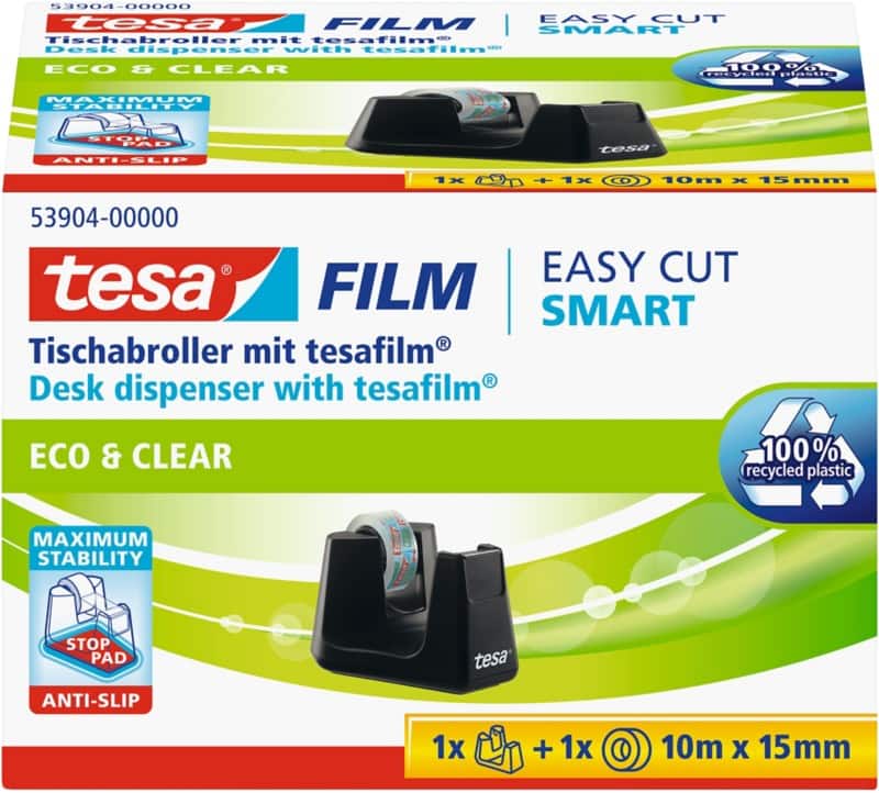 tesa Klebebandabroller tesafilm Easy Cut SMART Schwarz 15 mm (B) x 10 m (L) Kleiner Kern