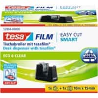 Tesafilm Tischabroller Easy Cut SMART Schwarz + 1 Rolle Klebefilm Kristall-Klar Eco & Clear 15 mm x 10 m