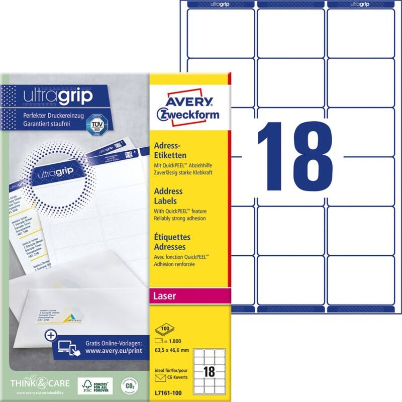 AVERY Zweckform Abziehhilfe QuickPEEL,ultragrip Adressetiketten L7161-100 Selbsthaftend A4 Weiß 63,5 x 46,6 mm 100 Blatt à 18 Etiketten