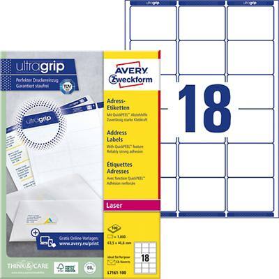 AVERY Zweckform Adressetiketten L7161-100 Ultragrip Weiß DIN A4 63,5 x 46,6 mm 100 Blatt à 18 Etiketten