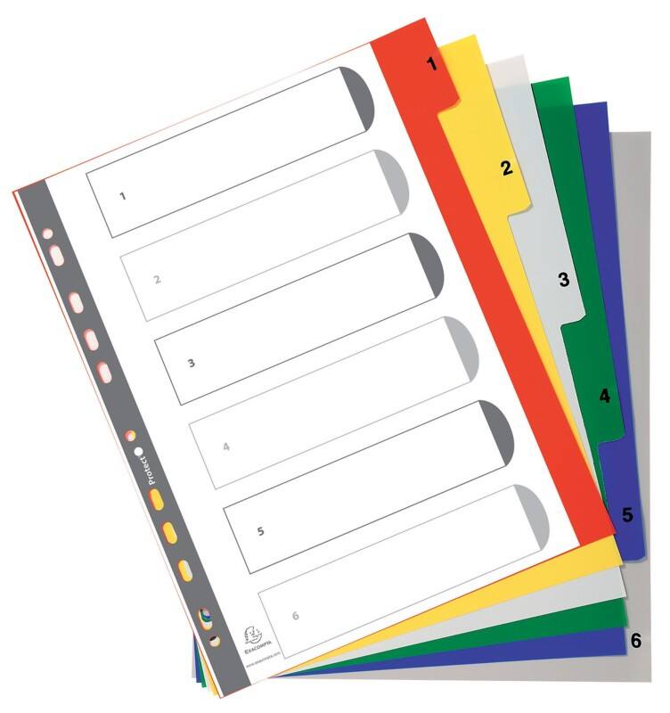 Exacompta 1 bis 6 Zahlenregister DIN A4+ Farbig sortiert 6-teilig PP (Polypropylen) 11 Löcher