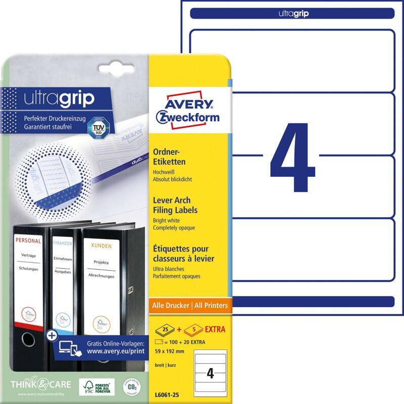 AVERY Zweckform ultragrip Ordneretiketten L6061-25 Selbsthaftend A4 Weiß 5,9 x 19,2 cm 30 Blatt à 4 Etiketten