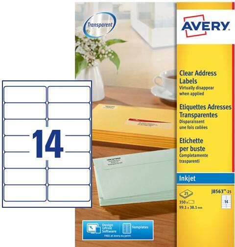 AVERY Zweckform Abziehhilfe QuickPEEL Adressetiketten J8563-25 Selbsthaftend A4 Transparent 99,1 x 38,1 mm 25 Blatt à 14 Etiketten
