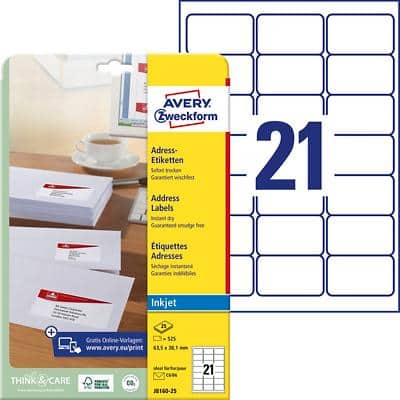 Avery Zweckform J8160-25 Adressetiketten selbstklebend 63,5 x 38,1 mm Weiß 25 Blatt mit 21 Etiketten