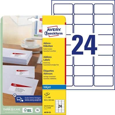 Avery J8159-25 Universaletiketten A4 Weiß 63,5 x 33,9 mm 25 Blatt à 24 Etiketten