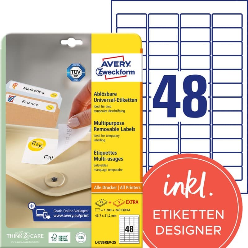 AVERY Zweckform L4736REV-25 Ablösbare Universaletiketten A4 Weiß 45,7 x 21,2 mm 30 Blatt à 48 Etiketten