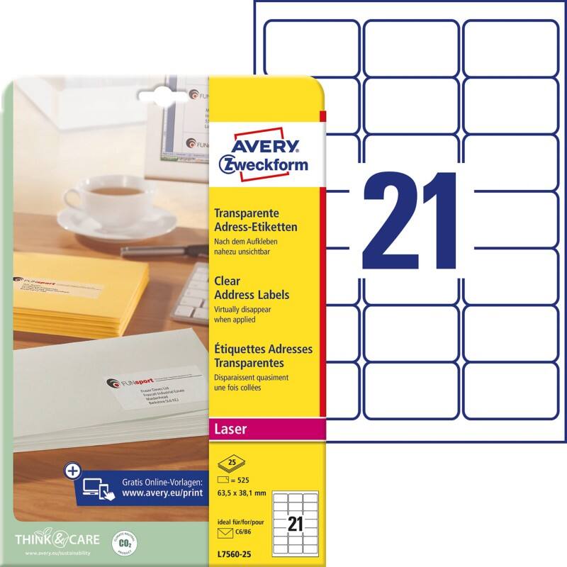 AVERY Zweckform Abziehhilfe QuickPEEL Wasserabweisend Selbsthaftend Adressetiketten L7560-25 Selbsthaftend A4 Transparent 63,5 x 38,1 mm 25 Blatt à 21 Etiketten
