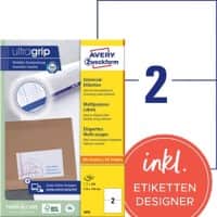 AVERY Zweckform UltraGrip Etiketten 3655 Ja DIN A4 Weiß 210 x 148 mm 100 Blatt à 2 Etiketten