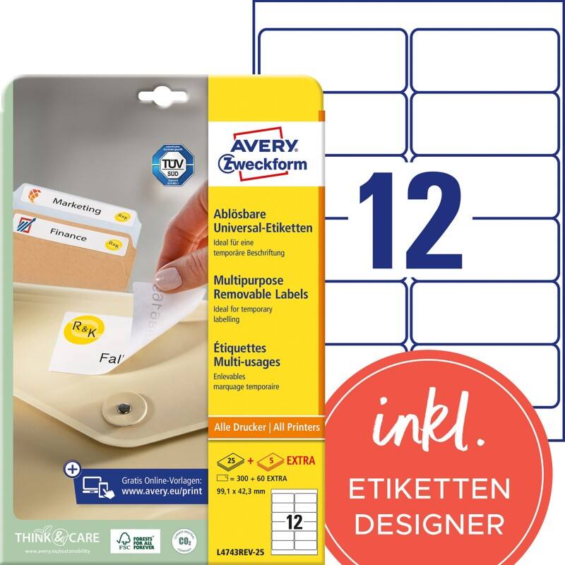 AVERY Zweckform L4743REV-25 Ablösbare Universaletiketten A4 Weiß 99,1 x 42,3 mm 30 Blatt à 12 Etiketten