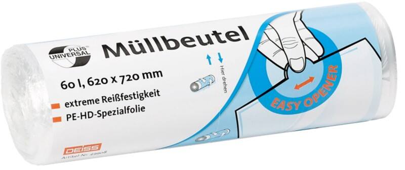 DEISS Universal Plus Leichte Belastung Müllsäcke 60 L  Transparent HDPE (Hochdichtes Polyethylen) 6 Mikron 50 Stück