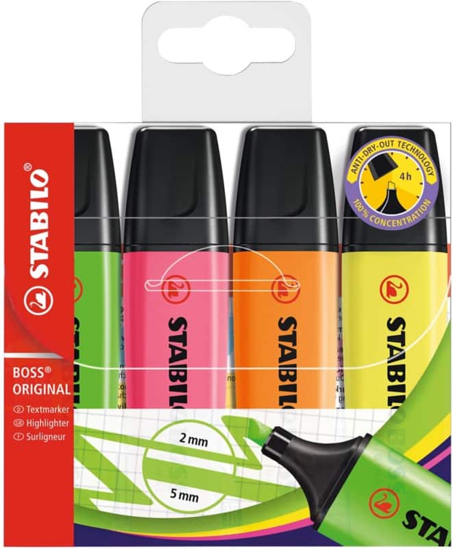 STABILO BOSS ORIGINAL Textmarker Färbig sortiert Breit Keilspitze 2 - 5 mm Nachfüllbar 4 Stück