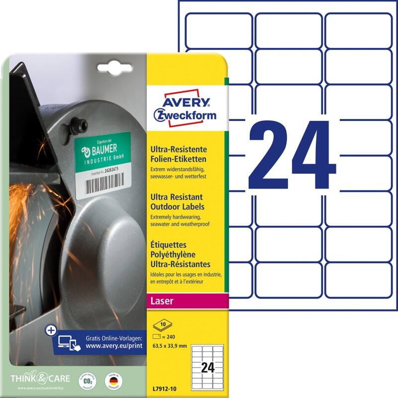 AVERY Zweckform Ultra-Resistent Etiketten L7912-10 Selbsthaftend A4 Weiß 63,5 x 33,9 mm 10 Blatt à 24 Etiketten