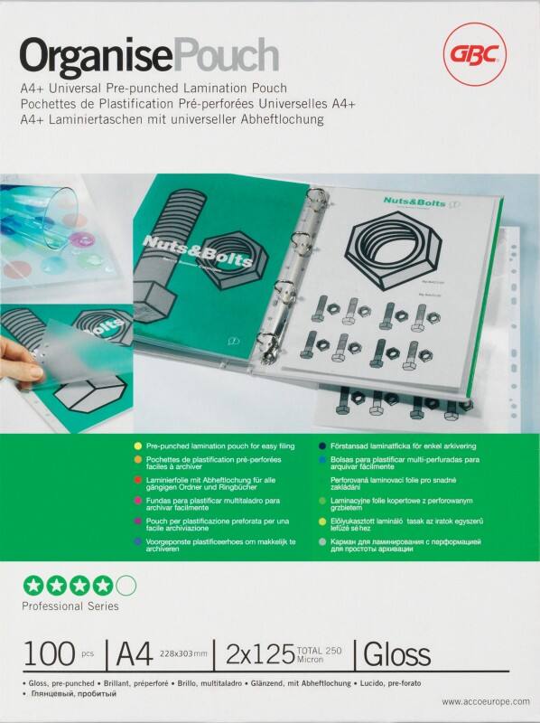 GBC Organise Laminierfolien A4 Glänzend 125 Mikron (2 x 125) Transparent 11 Löcher 100 Stück