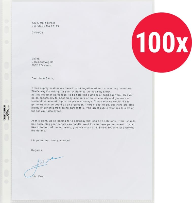 DURABLE Premium Prospekthüllen A4 Glasklar Transparent 60 Mikron PP (Polypropylen) Öffnung oben 11 Löcher 267219 100 Stück