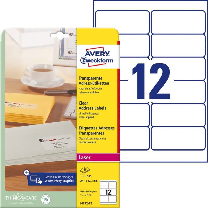 AVERY Zweckform Abziehhilfe QuickPEEL Wasserabweisend Selbsthaftend Adressetiketten L4772-25 Selbsthaftend A4 Transparent 99,1 x 42,3 mm 25 Blatt à 12 Etiketten