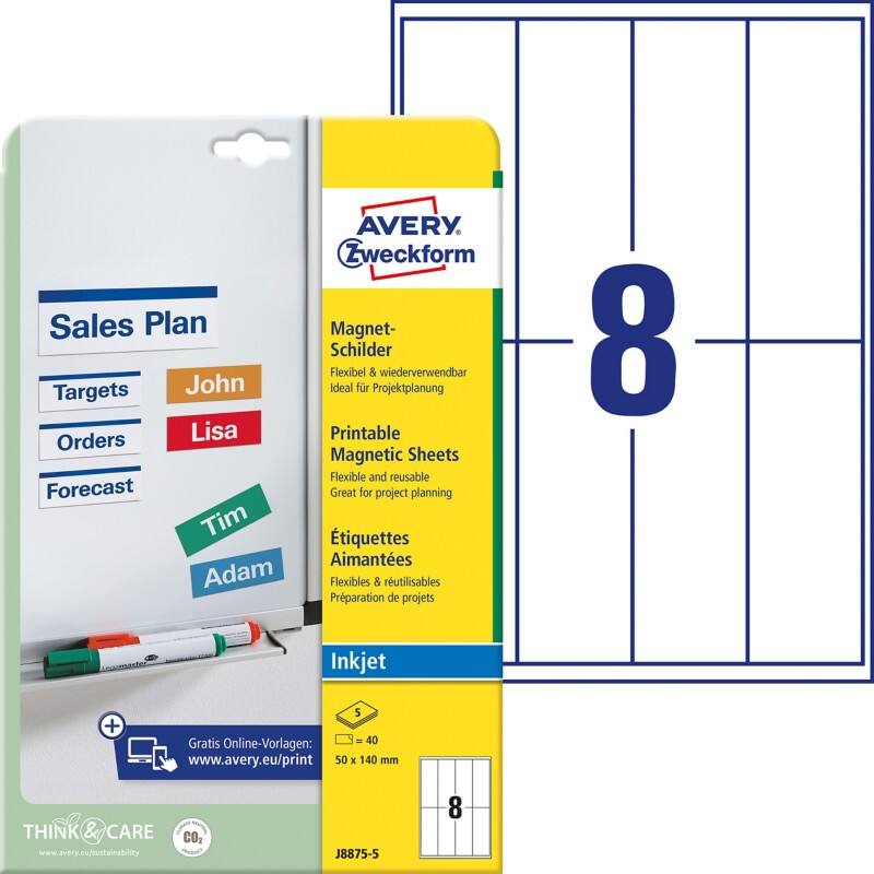 AVERY Zweckform J8875-5 Magnetschilder A4 Weiß 50 x 140 mm 5 Blatt à 8 Etiketten